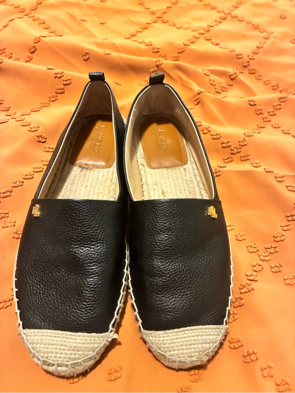 Ralph Lauren Black Leather Espadrille Flats with Natural Woven Toe